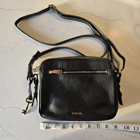 Fossil Black Pebbled Leather Crossbody Bag • Double Zip Camera Style • Gold Hard - Picture 4 of 10